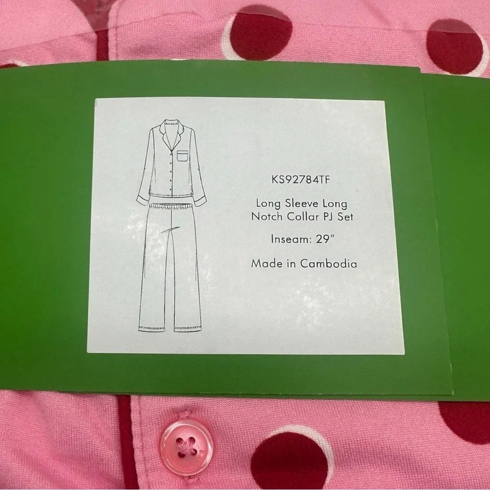 Kate Spade 2pc Long Sleeve & Pants Pajama Set in Pink with Red Polka Dots SMALL - Picture 3 of 3